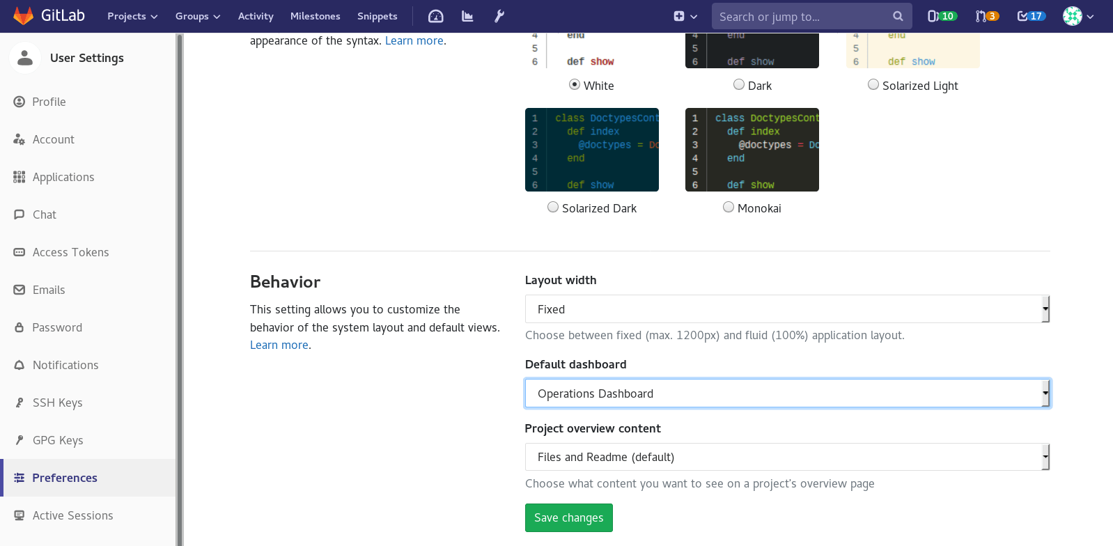 Change default dashboard setting